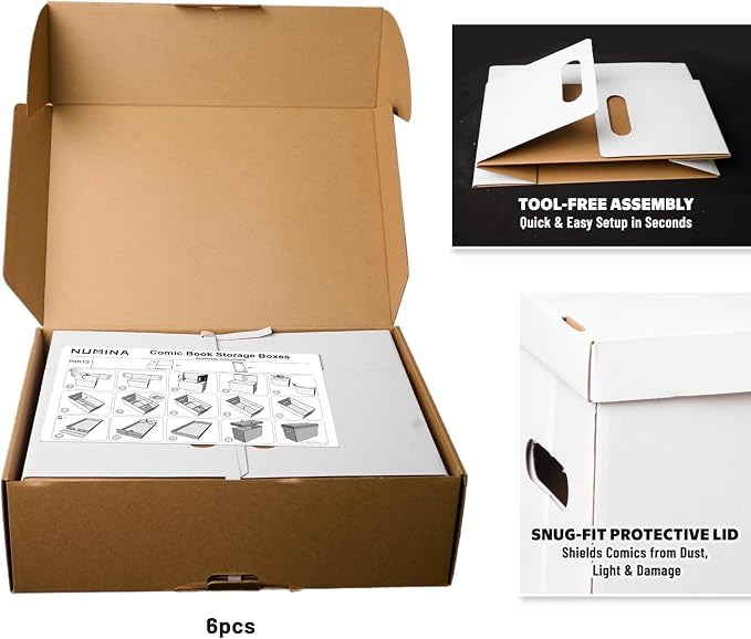 NUMINA Comic Book Boxes – 6 Pack Short Boxes | Fits 150–175 Comics | Comic Book Storage Organizer for Silver & Current Age | Durable Stackable Cardboard Box