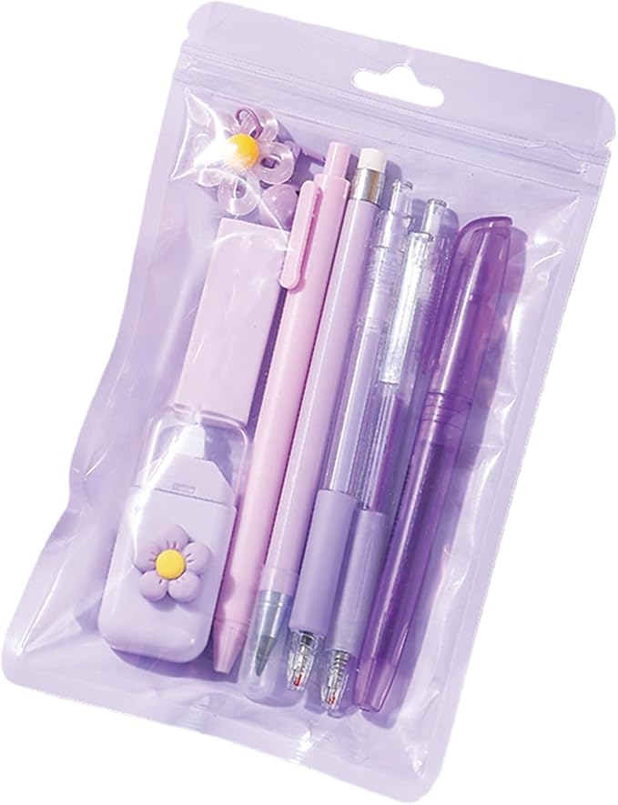 MOZXIRZ 8 Pcs Cute Purple Stationery Set for Girls Boys Women Back to School Supplies Office Supplies Kawaii Candy Colors Stationery Gift Including Pen Pencil Highlighter Eraser (Purple)
