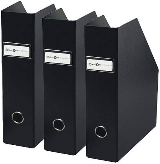 Bigso Fiona 3 Piece Fiberboard Upright Magazine Storage Boxes | Durable Magazine Holder for Papers with Metal Label Holder | Magazine File Holder for Office Desks | 3.3’’x10’’x12.4’’ | 3 Piece | Black