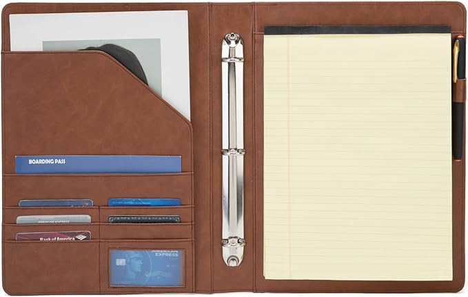 Personalized Vegan Leather 3 Ring Binder, Custom 8.5 x 11 Letter Size Folio with Pen Holder, Soft Notebook Portfolio Cover, Notepad Padfolio Organizer for Meeting, Brown