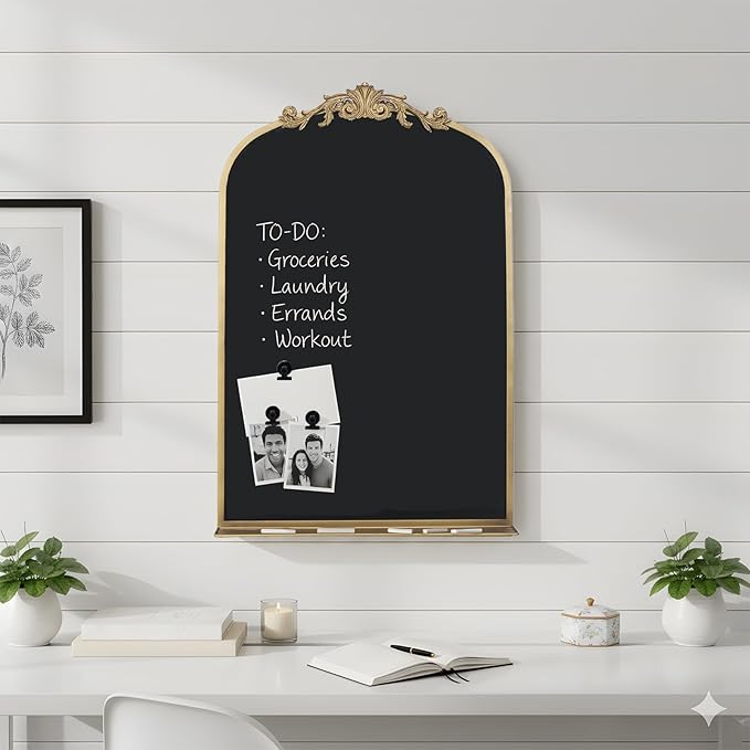 Vintage Magnetic Arch Chalkboard with Shelf - 24"x36" Decorative Wall Mounted Ornate Gold Framed Blackboard with Chalk, Clips & Cloth - Elegant Wedding Sign & Kitchen Menu Home Decor