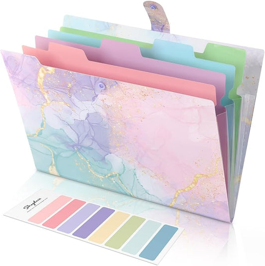 SKYDUE Expanding File Folder with 5 Pockets, Cute Accordion File Organizer, Letter Size Filing Folder, Letter Size Folders for Documents, School Office Supplies Marble Pink