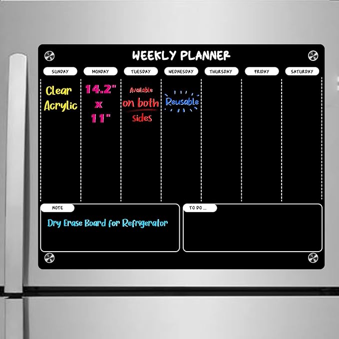 Kamehame Weekly Dry Erase Board for Refrigerator, Magnetic Weekly Calendar for Fridge, Black Acrylic Note Board, Planner Schedule Board, Double-Sided Use
