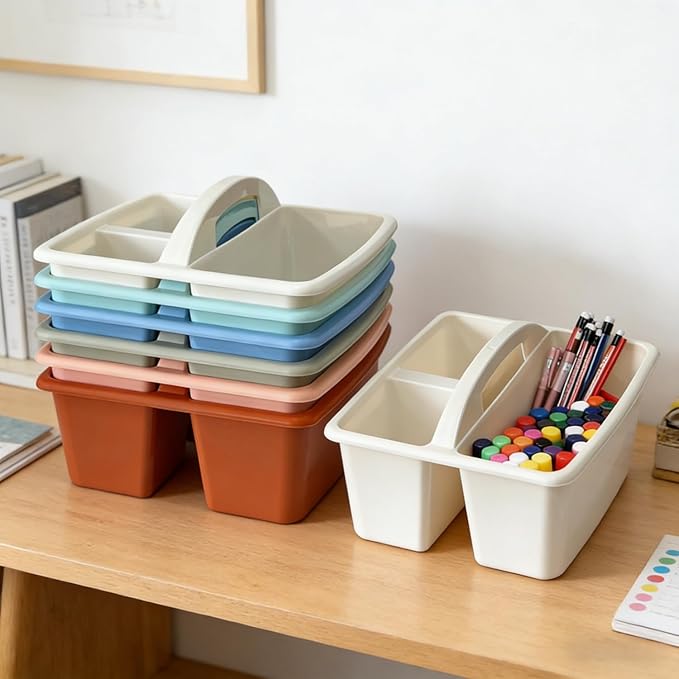 RAUVOLFIA Set of 6 Classroom Caddy, Small Plastic Storage Caddy with Handle for Classrooms, Kids Room and Office Organization, 3 Compartment (Boho)