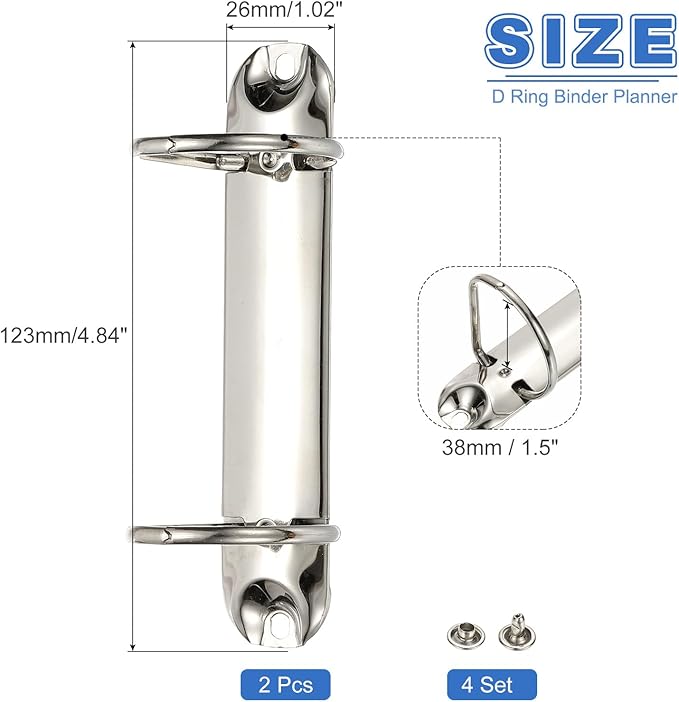 PATIKIL B7 2 Hole Ring Binder Mechanisms, 2 Set 1.5" D Ring Replacement Binder Planner Loose Leaf Binding Spines for Organizers DIY Fill Paper Storage Folder Accessories, 26mm Silver Tone