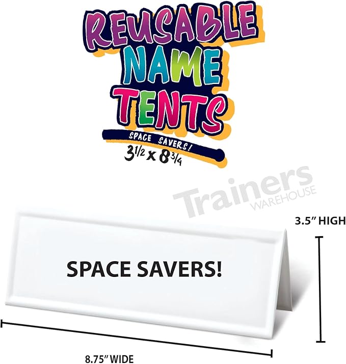 Trainers Warehouse Heavy Duty Premium Reusable Name Cards, White, Dry-Erase Tent, Space Saver, 8.75" x 3.5" (10)