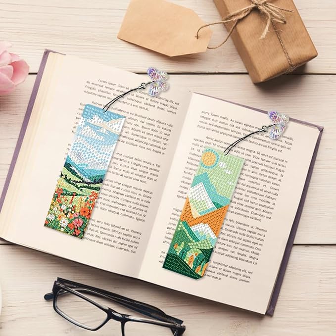 4PCS Natural Scenery Diamond Painting Bookmark DIY Diamond Art Kits for Adults, Acrylic Diamond Art Bookmarks with Pendant for Book Lovers