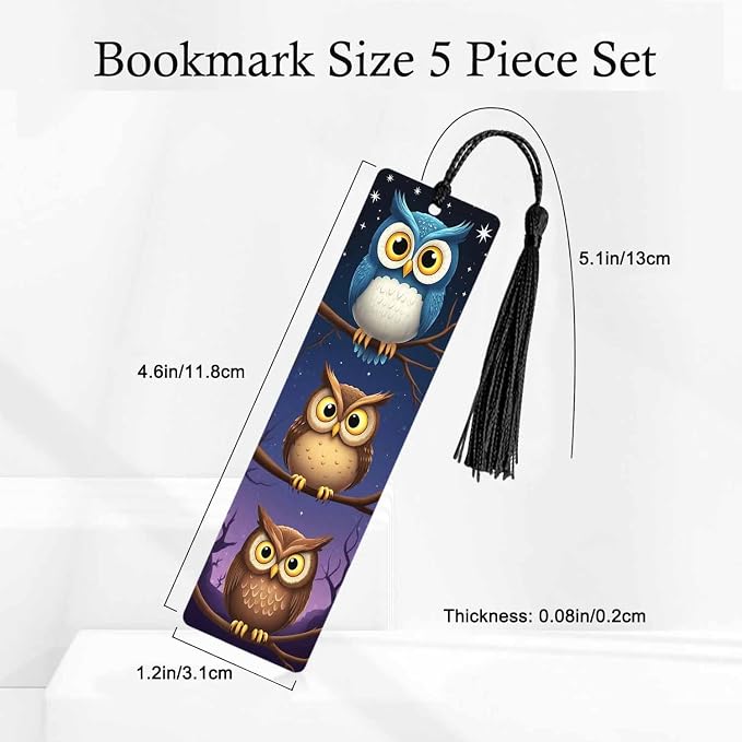 Funny Owl 5 Pcs Bookmarks Cute Owls Standing Tree Branch Wooden Bookmarks with Tassel for Students Reader Teachers Book Lovers