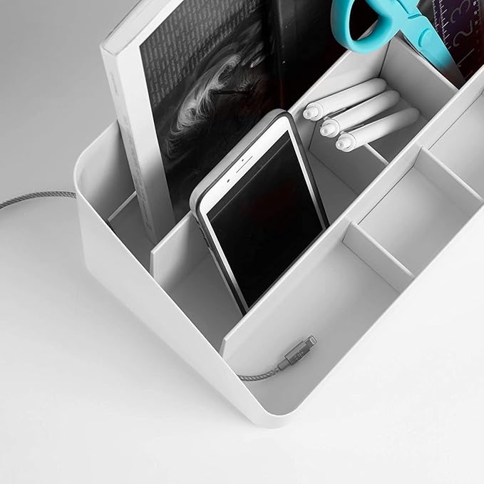 Poppin Desk Organizer with 3 Tiers, Sliding & Removable Dividers, Charging Station - All-in-One Workspace Organizer for Office Supplies, Desktop Organizer