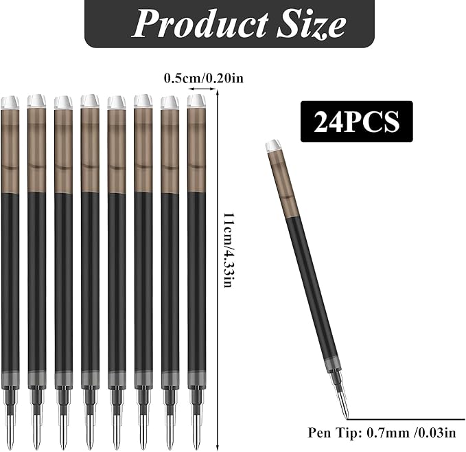 0.7 mm Erasable Gel Ink Pen Refills Compatible with Frixion Friction, Smooth Writing Multicolor Retractable Fine Point Pen Refill for School Office Home Art (Black, 24)