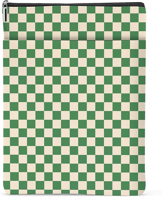 Green Plaid Book Lovers Gifts Book Sleeve Vintage Checkered Waterproof Book Cover Book Pouch Book Protector with Front Pocket Book Club Christmas Birthday Gifts for Women Girl Reader Book Accessories