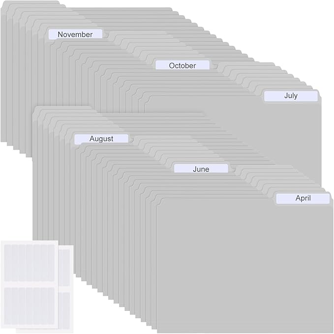 48 Pack Colored Plastic File Folders with Tabs and Sticky Labels 1/3 Cut Tab Manila File Folders Letter Size 8. 5 x 11 Inch for Office Home Organizer Documents(Light Gray,Classic)