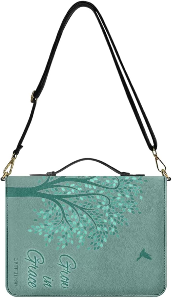 Fashion Leather Bible Covers for Women, Tree of Life Design with Grow in Grace Bible Verse 2 Peter 3:18, Green Womens Bible Case with Zipper, Handle & Detachable Adjustable Strap, Medium