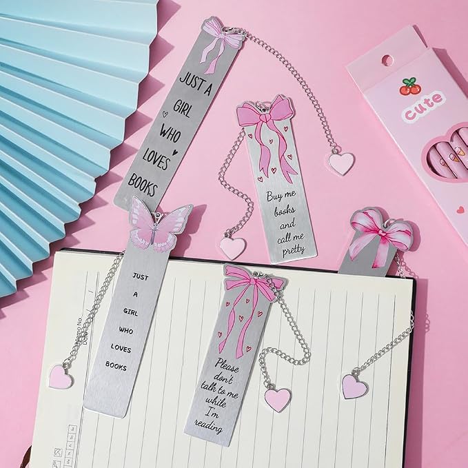 Pink Bowknot Stainless Steel Bookmark - 5pcs Set with Cute Patterns & Heart Pendants, Ideal for Female Readers