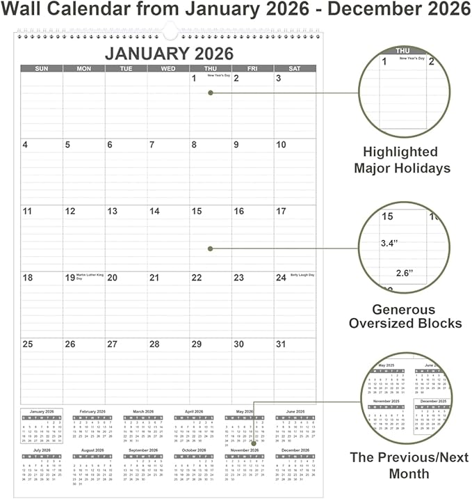 2026 Wall Calendar - Large Calendar 2026 from January 2026 - December 2026, 12 Months Calendar/Planner with Thick Paper, 20" x 30", Vertical, Black