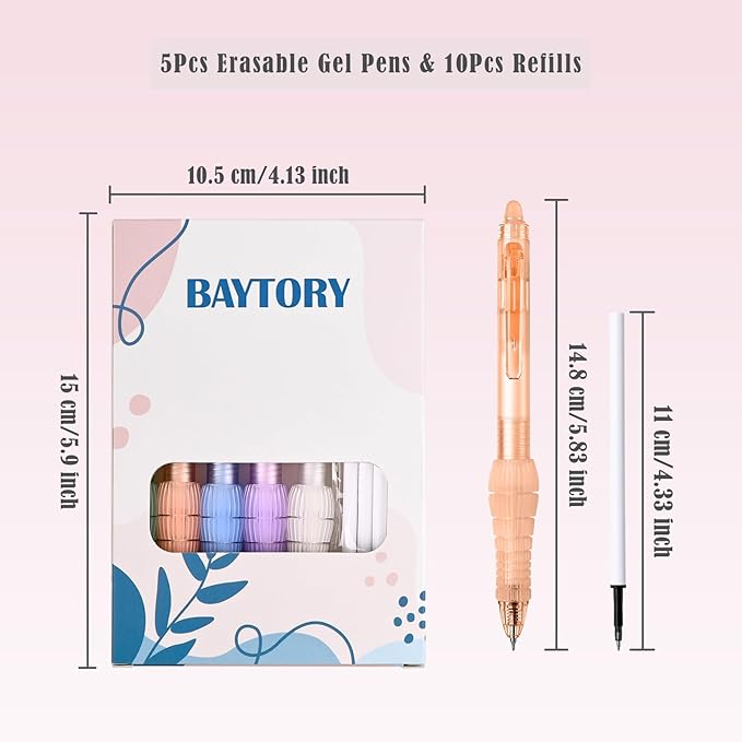 BAYTORY 5 Pcs Erasable Gel Pens, Fine Point 0.5mm Black Ink Erasable Pen with 10 Refills, Comfort Grip Writing Pens with Erasers, for Office School & Home Supplies (Black Ink)