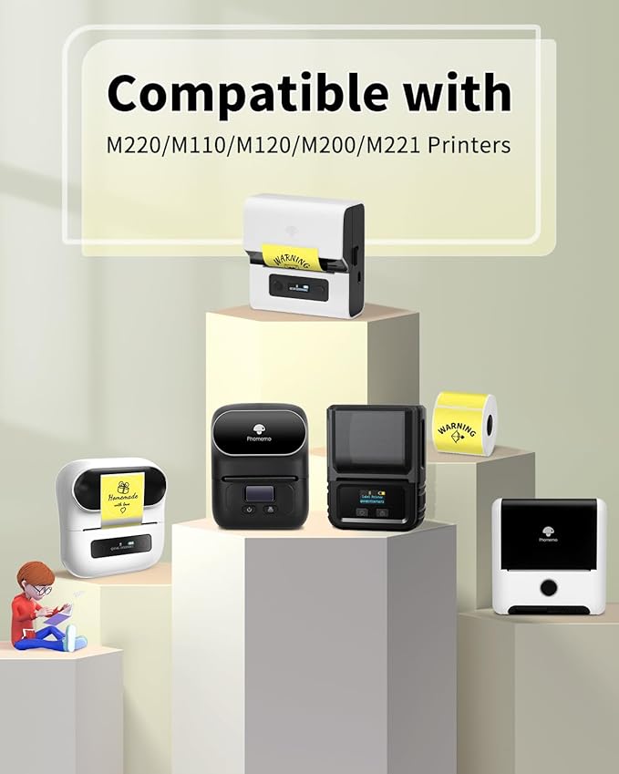 Phomemo Thermal Sticker Label for M110/M100/M220/M250/M108 Label Printer, 1.96" x 1.96"(50x50 mm), Black on Yellow, 140 Labels/Roll, for Barcode/Address/Mailing/Logo/Business/Home Tag