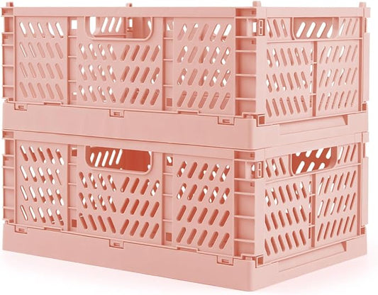 Domiella 2-Pack Crates for Storage, Storage Crates Plastic Stackable, Foldable Crate for Office Home Kitchen Bedroom Bathroom (Small, Pink)
