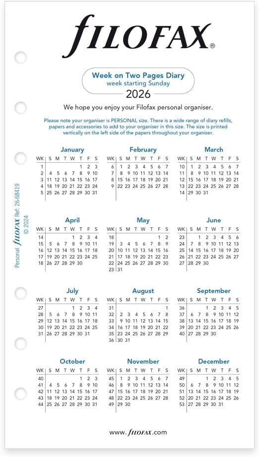 Filofax Calendar Diary Refill, Personal/Compact Size, Week-to-View with Notes Section, Sunday to Saturday, White Paper, Unruled, English, 2026 (C68419-26)
