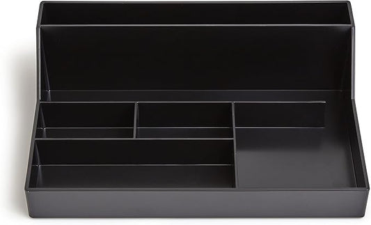 TRU RED Plastic Desktop Organizer, 6‑Compartment, Black – Desk Storage for Office Supplies & Accessories