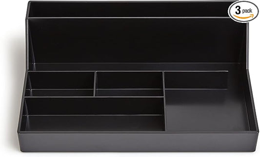 TRU RED Plastic Desktop Organizer, 6‑Compartment, Black, 3‑Pack – Desk Storage for Office Supplies, Pens & Accessories