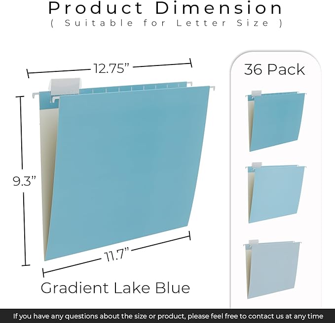 Y YOMA 36 Pack Gradient Hanging File Folders Letter Size Decorative Hanging Folder Pretty File Folder Organizer for Filing Cabinet Office Home with 1/5-Cut Adjustable Tabs, Lake Blue