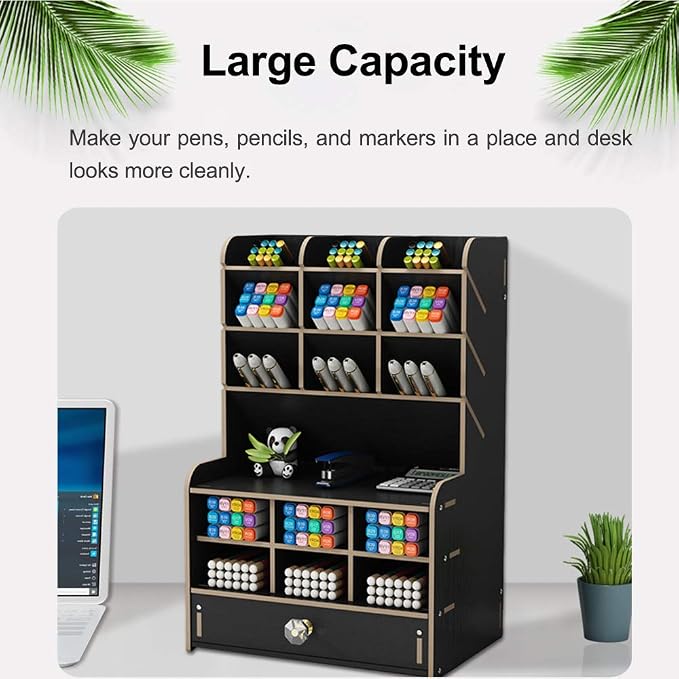 Wooden Desk Organizer with Drawer, Large Capacity DIY Pen Holder Storage Box Desktop Stationary Storage Rack, Pen Organizer Caddies for Office, Home and School Supplies (B16-Black)