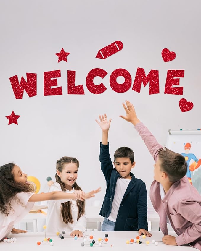 243 Pcs Glitter Bulletin Board Letters Set, 4 Inch Alphabet Poster Board Cardboard Cutouts with Numbers and Punctuation, Classroom School Wall Display Decorations (Red)