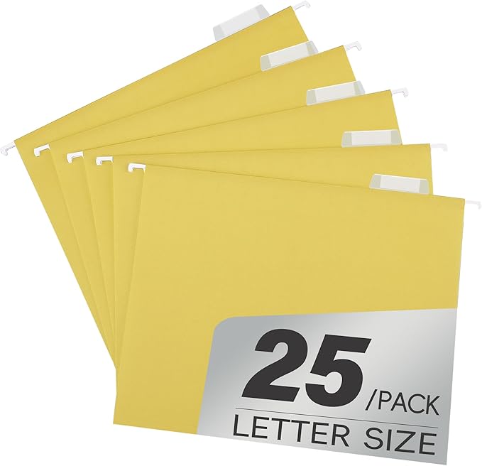 pmybupo Hanging File Folders,25 Pack Yellow Letter Size Hanging File Folders with 1/5-Cut Tabs,Ideal for Home and Office Organization and Papers Classification