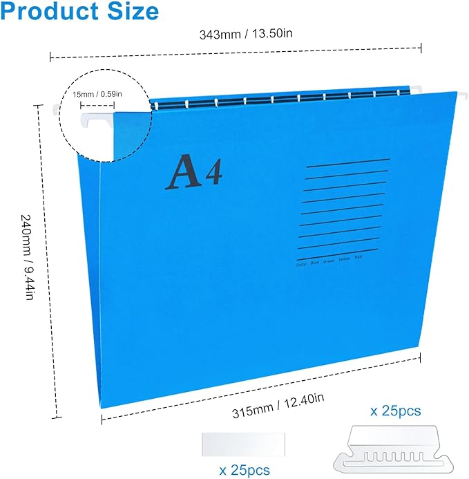 Hanging File Folders, 25 Pack Reinforced Hanging Folders, Adjustable Tab and Blank Label Inserts, Designed for Bulk Files, Filing Cabinet, Assorted Colors