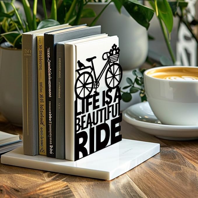 Peacoblue Metal Bookends for Shelves, Modern Decorative Heavy Duty Study Book Support Stoppers for Office, Desk, Shelf, Room 5.3"x4.3"x7.9" Cast Iron Simple Tall Bookends, 1 Pair (Bicycle)