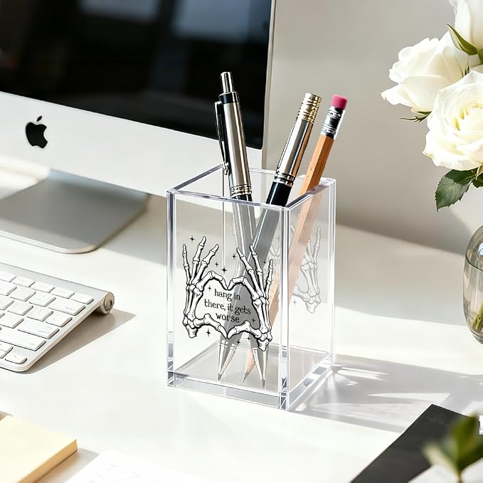 Hang In There It Gets Worse Acrylic Pen Holder Cosmetic Organizer, Funny Skeleton Heart Hands Pen Pencil Holders for Desk, Desk Accessories Sarcasm Office Gifts for Coworker Colleague Friend