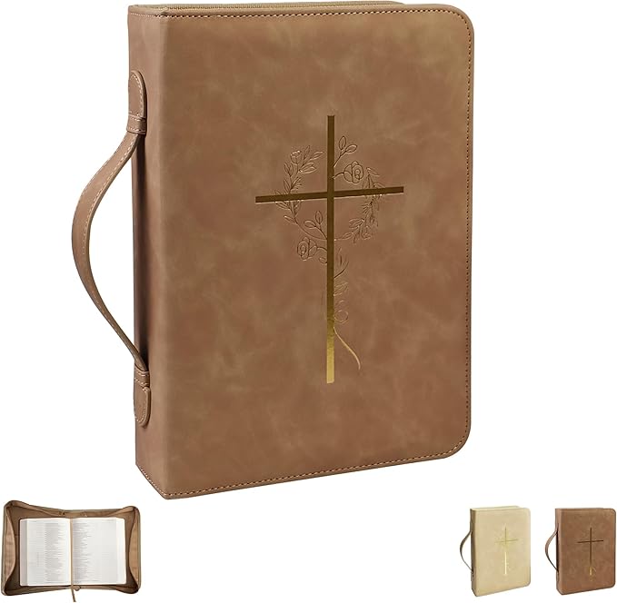 Bible Cover Case for Women, Bible Bag with Phone Pocket, PU Leather Large Carrying Book case with Minimalist Debossed Design – Christian Bible Accessories for Girls & Women (Brown)