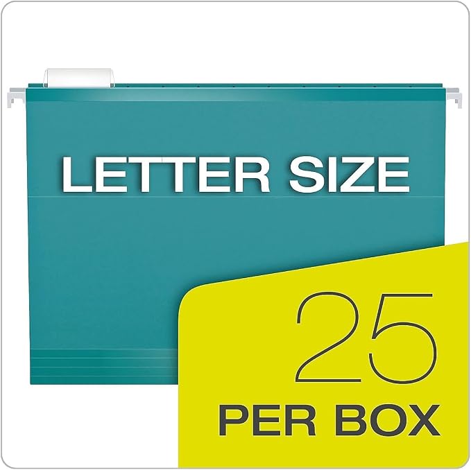 Pendaflex Reinforced Hanging File Folders, Letter Size, Aqua, 1/5 Cut, 25/BX (4152 1/5 AQU)