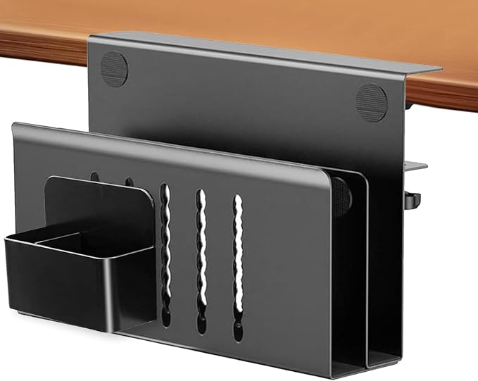 2 Tier Desk Side Laptop Holder, Under Desk Laptop Holder, Clamp On Desks Shelf for Tablet,Files, Accessories, No Drill Hanging Desk Caddy for Office and Home, Load 30Lbs