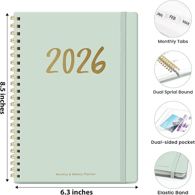 2026 Planner - Weekly and Monthly Planner, January 2026 to December 2026, Spiral Bound 2026 Calendar Planner Book, Inner Pocket, Perfect for Office Home School Supplies - A5 (6.3" x 8.5"), Mint