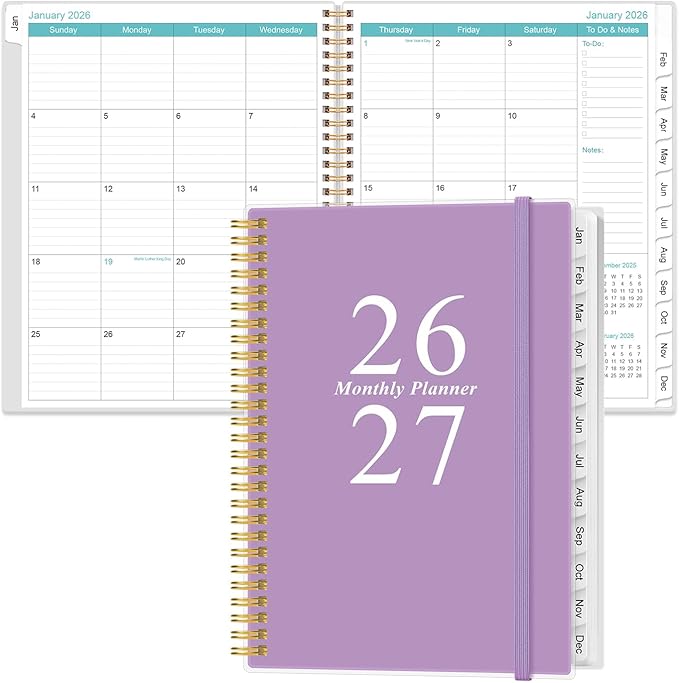 2026-2027 Monthly Planner - 18 Monthly Calendar, January 2026 - June 2027, Two Pages Per Month, 9" x11" Planner with Tabs, Strong Twin-Wire Binding, Inner Pocket, Purple
