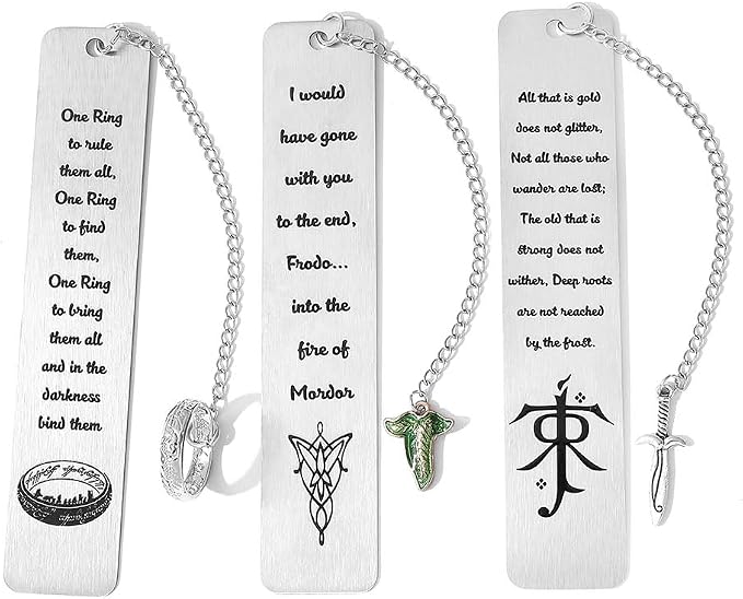 3Pcs Fantasy Bookmark Set - Metal Bookmarks with Elvish Leaf Pendant, Sword Charm & Evenstar Engraving, Epic Quotes Carved Jewelry for Book Lovers, Dark Academia Gifts for Readers (3Pcs-Silver)