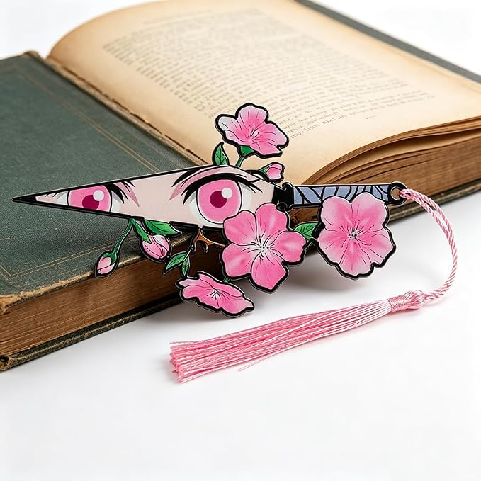 4-Piece Demon Slayer Metal Bookmark Set, Tanjiro Nezuko Zenitsu Hashira Themed Sword Book Marks with Cherry Blossom & Tassel, Cool Anime Eye Bookmarks Gift for Anime Fans, Book Lovers(4pc)