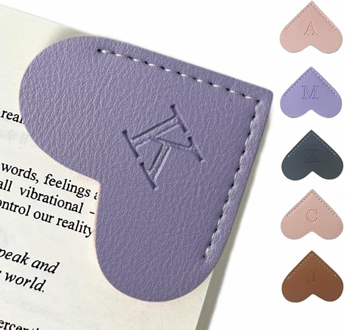 Personalized Leather Book Marks, Heart Bookmark, Unique Cute Handmade Letter Bookmarks Accessories for Reading Women, Teacher, Student, Book Lovers Book Mark Gifts (Purple, K)