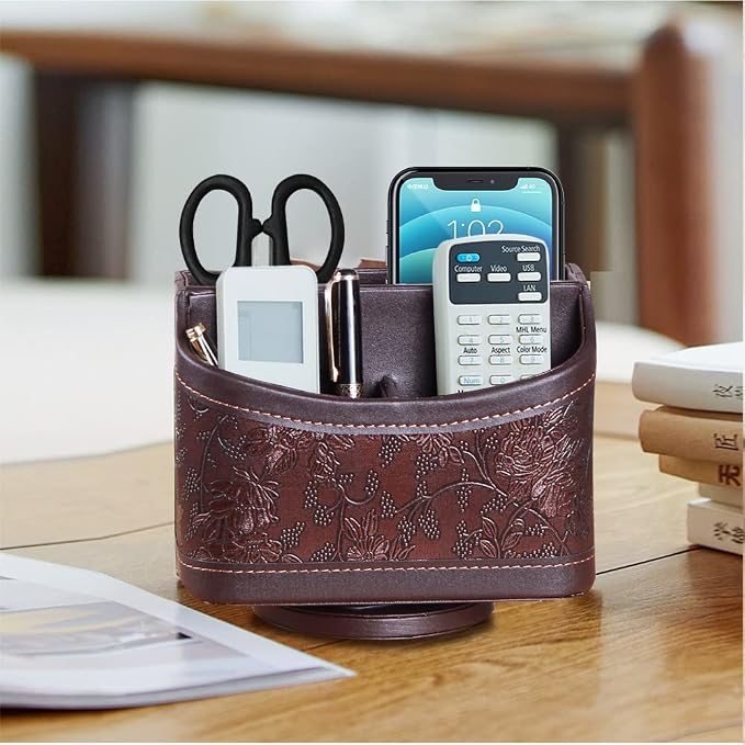 360° Rotating Remote Control Holder, PU Leather TV Remote Caddy Organizer Basket Storage Box with 5 Compartments for Pen, Pencil, Art Supplies, Makeup Brush, Office Desk Table Accessories