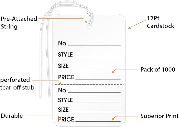 XpressTags (Pack of 1000) 2.875 x 1.75 inch Perforated Garment Tags with Pre-Attached String and Stub (Size - 6), String, 12 Point Cardstock, White