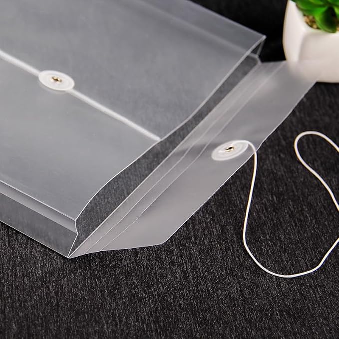 10 Pack Clear Plastic Envelopes, Reusable & Waterproof File Folders with String and Snap Button, Expansion File, for Documents School Home Work Office, Letter Size