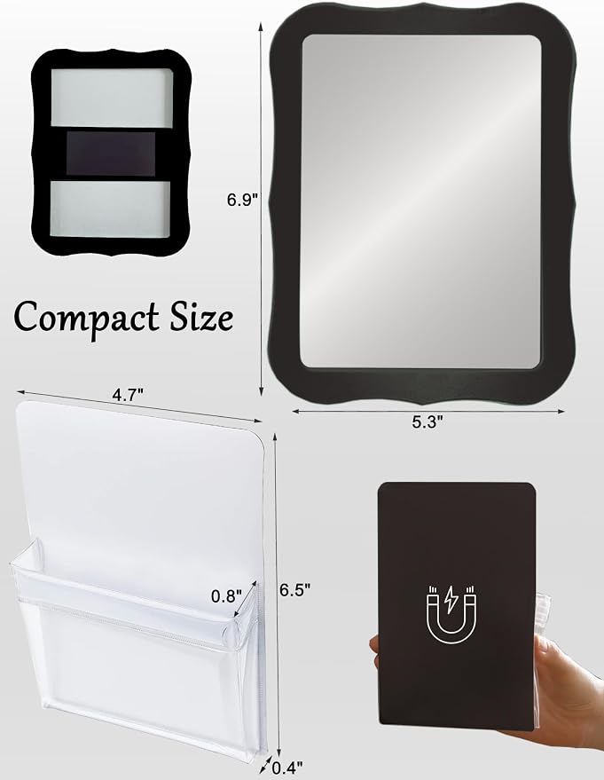 Magnetic Locker Mirror with Magnetic Pen Holders, Locker Accessories Kit, Back to School Essentials, Cute Decorative Locker Organizer for School Locker Decor, Office, Fridge, Home Decor(Black)