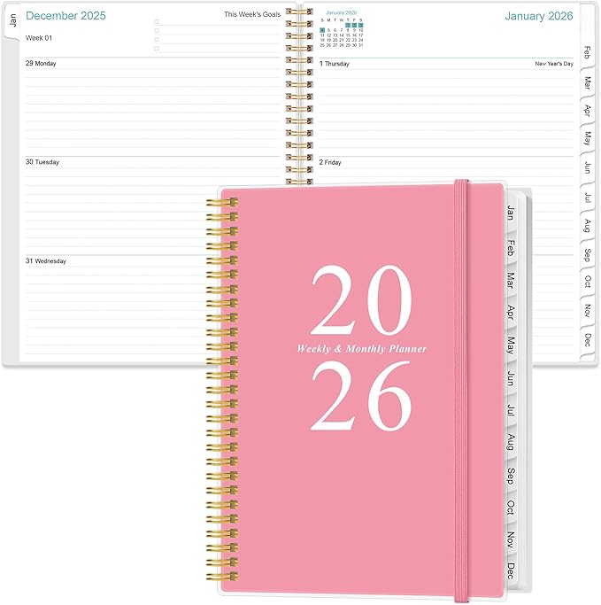 2026 Planner - Weekly & Monthly Planner Spiral Bound, Planner 2026 from January 2026 - December 2026 with Monthly Tabs, Inner Pocke, 8.5" x 11", Pink