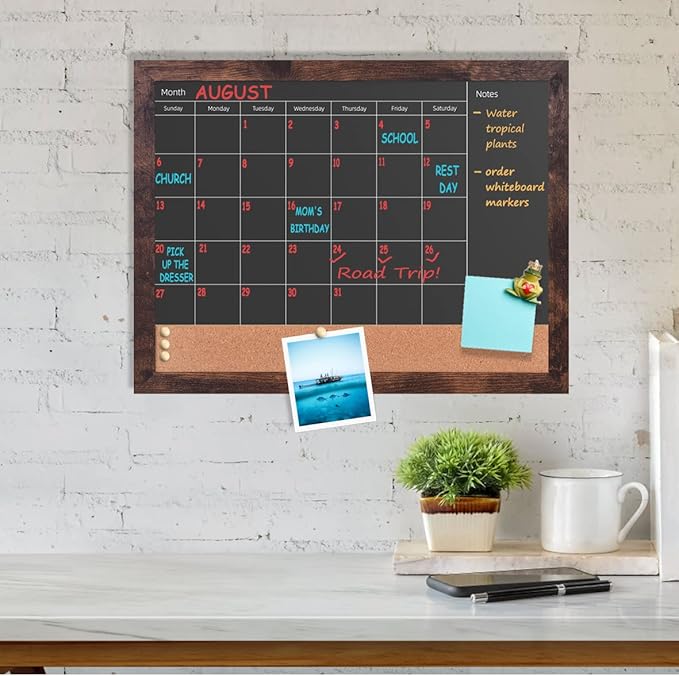 Chalkboard Calendar & Cork Bulletin Board，13" x 17" Brown Wood Frame，Magnetic Surface Chalkboard.Perfect for Office, Home School Message Board,Chalkboard+Cork-3343B-BN