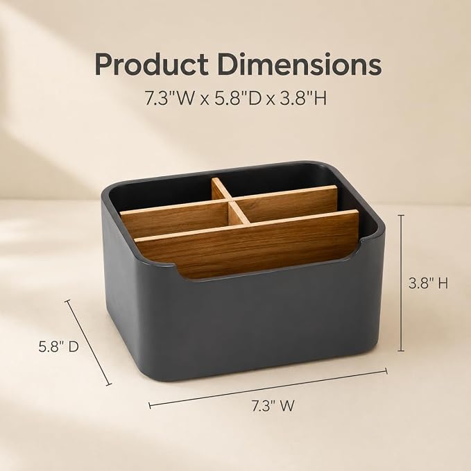 Remote Control Holder with Removable Wood Compartments for Media Devices, Desktop Stationery, and Bedside Nightstands, Black