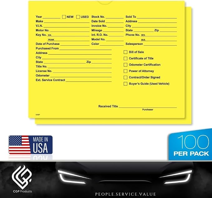 Printed Vehicle Deal Jackets Envelopes Folders for Auto Car Dealerships - 9x12 Size - Dealer Supplies - New and Used Cars - 100 Quantity (Yellow)