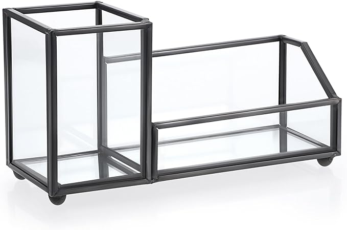 Hipiwe Glass Business Card Holder Metal Pen Pencil Storage Holder for Desk Clear Business Card Display Organizer Case for Office Home,2 Slots,Black