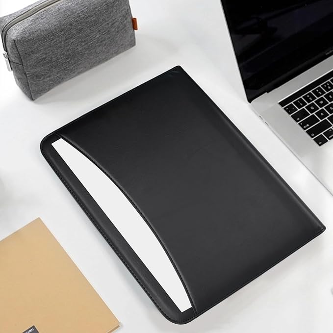 VANRA Zippered Padfolio for Men Leather Portfolio for Women Binder Organizer Interview Resume Folder for Papers Document Holder Planner Binder A4 Letter Size with Notepad, Black